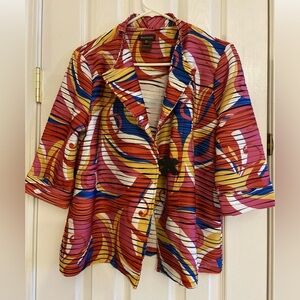 MULTIPLES Pleated Abstract Print Open Jacket XL Bright Multi • Flower Clasp NWOT